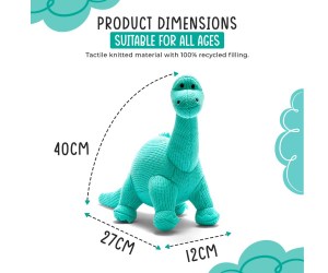 Knitted diplodocus dinosaur soft toy in ice blue colour with long neck and tail and smiley face